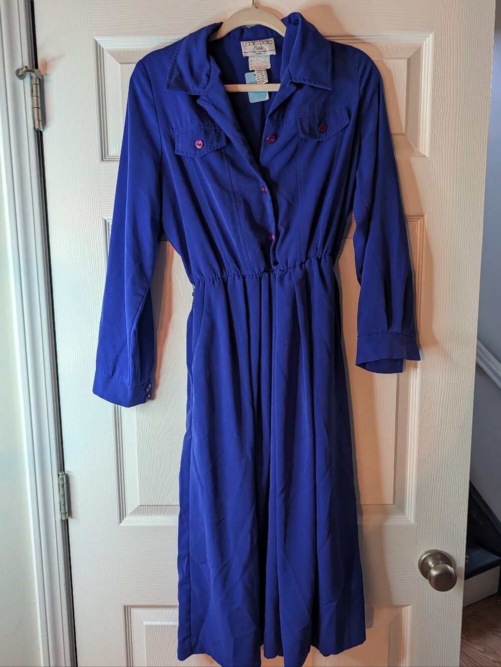 Leslie Belle Petite Blue Shirt Dress Women's US 10 Long Sleeve Button Front Vint